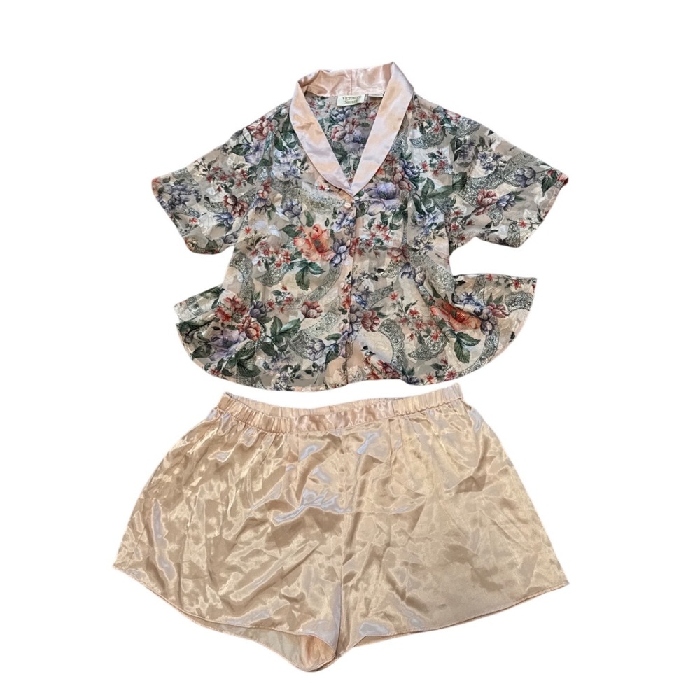 Vintage Gold Label Victorias Secret Floral Burnout Satin Pajama Set Medium